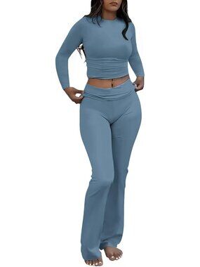 Women's Blue Grey 2 Piece Outfits Long Sleeve Crew Neck T Shirt Pajama Sets
